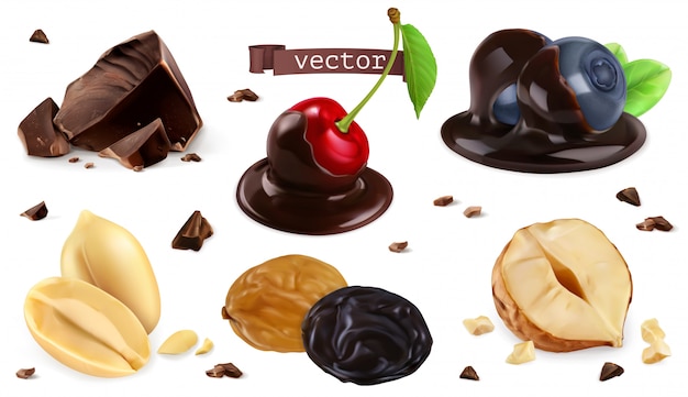 Vecteur baies, noix et chocolat. myrtille, cerise, arachide, noisette, raisin sec, ensemble 3d