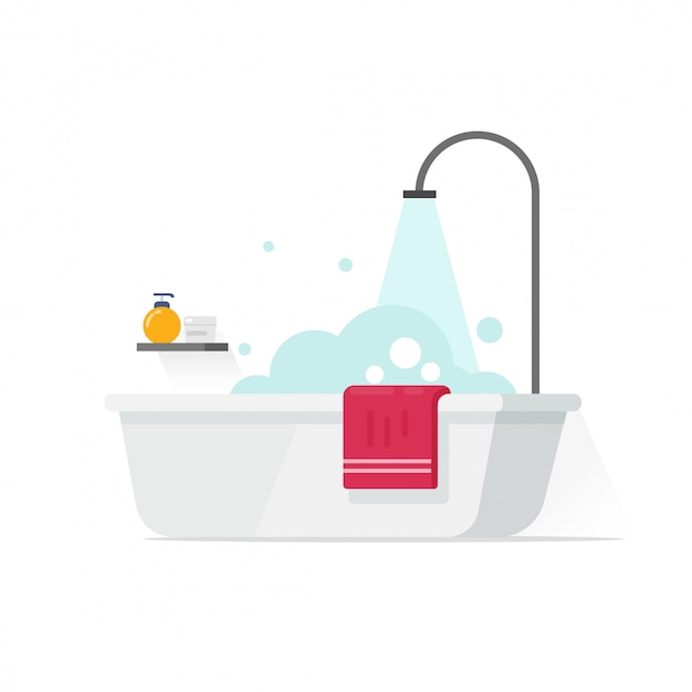 Vecteur baignoire avec bulles de mousse et illustration de la douche isolée sur blanc dans un style plat de bande dessinée
