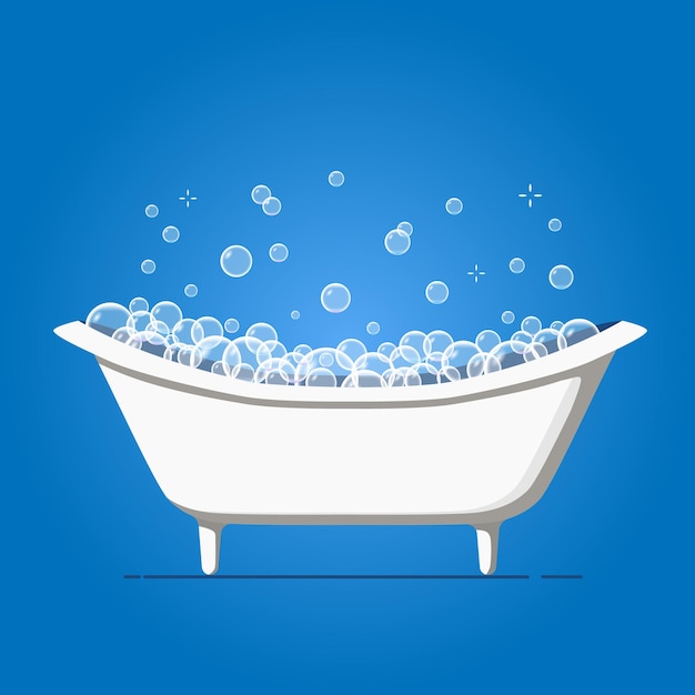 Baignoire Avec Bulles De Savon. Douche En Mousse Dans Le Bain Sur Fond Bleu.