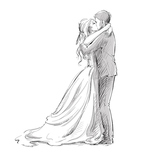 Baiser de couple de mariage. Nouveau marié. Croquis de ligne de vecteur.