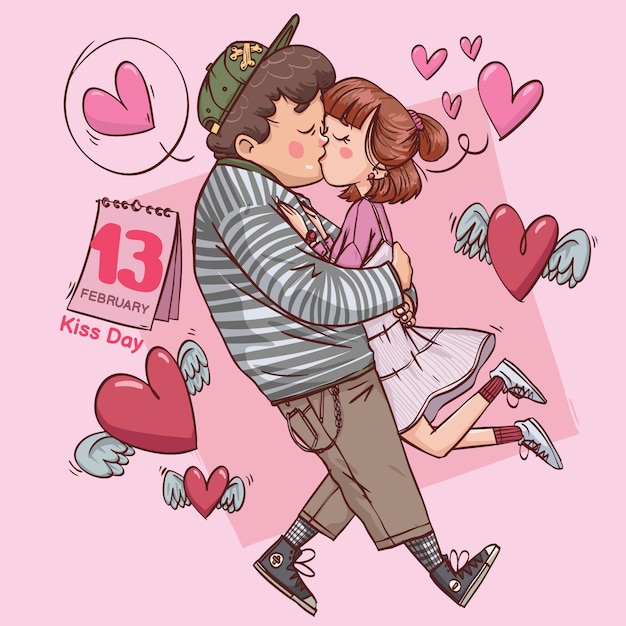 Baiser Jour Super Mignon Amour Joyeux Couple Romantique Saint-valentin Datant Cadeau Illustration Couleur Dessinée à La Main