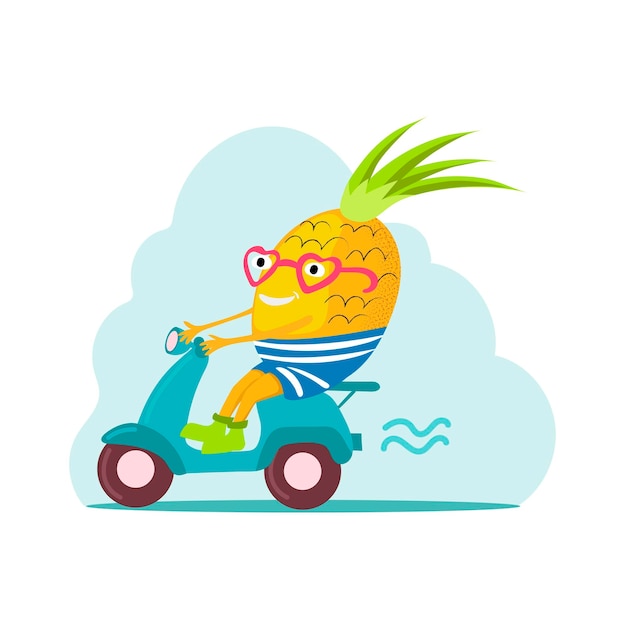 Balade Amusante En Ananas Sur Un Scooter. Illustration Vectorielle.