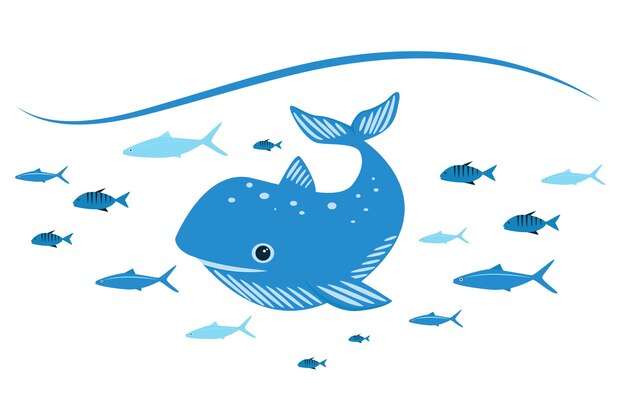 Baleine Bleue Avec Illustration Vectorielle De Poisson