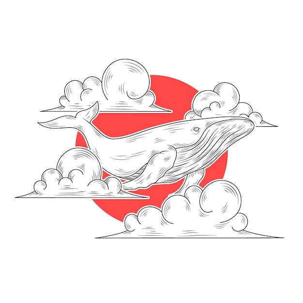 Baleine dessinée à la main dans l'illustration du nuage