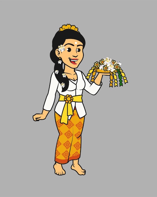 Balinais Indonésien En Personnage De Dessin Animé De Costume Traditionnel
