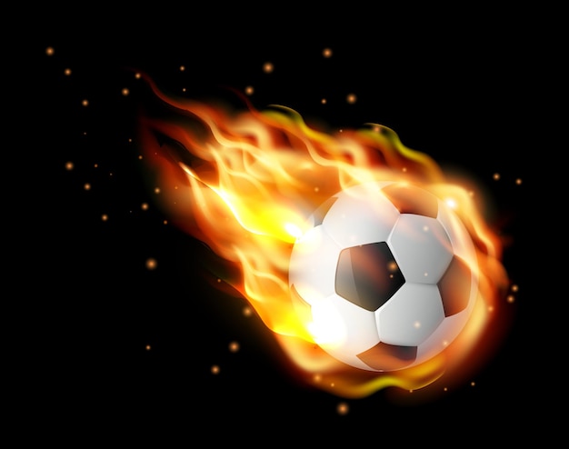 Une balle de football tombant dans les flammes une balle de football avec des langues de feu