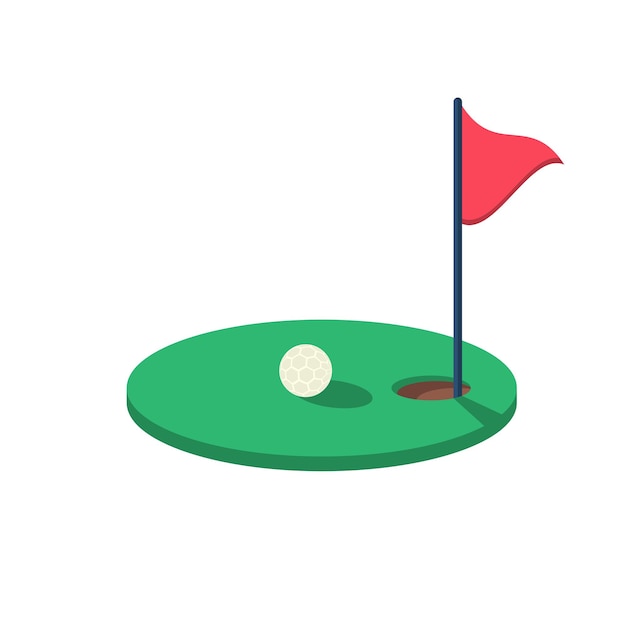 Balle De Golf Près Du Trou Sur Le Terrain Vert. Terrain De Jeu Vert. Signe De Réalisation Des Objectifs. Trou Avec Un Drapeau Rouge. Icône Plate D'une Compétition Sportive.