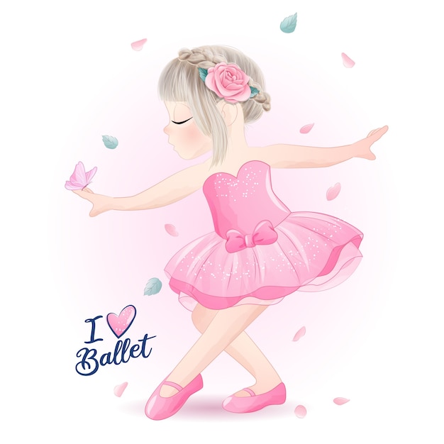 Vecteur ballerine mignonne petite fille avec illustration aquarelle