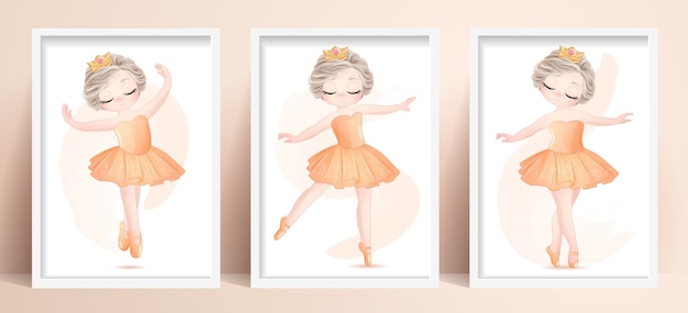 Ballerine Mignonne Petite Fille Sertie D'illustration Aquarelle