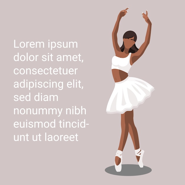 Ballerine sans visage afro-américaine dans un tutu blanc et des chaussures de pointe dansant sur un fond violet avec copie espace texte Lorem Ipsum Illustration vectorielle dans un style plat