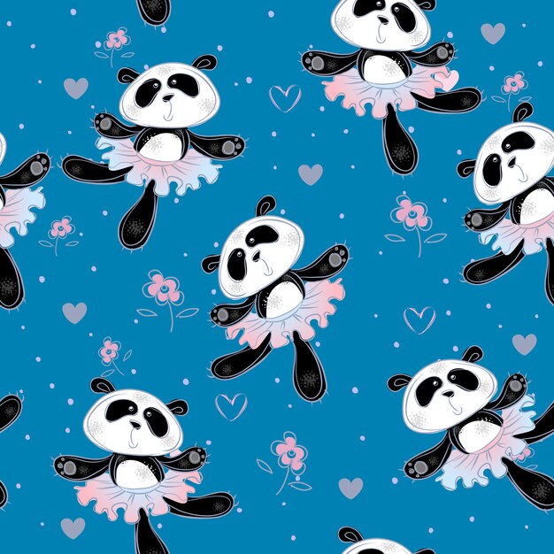 Les ballerines de pandas dansent. Modèle sans couture. Tissu imprimé pour enfants.