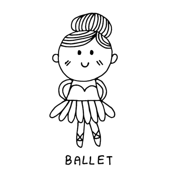 Ballet jolie fille doodle main dessinant une ligne noire sur fond blanc