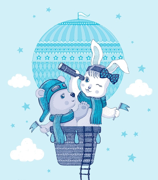 Ballon à air chaud avec ours mignon et lapin dans le panier Illustration vectorielle dessinée à la main avec des bébés animaux drôles avec une longue-vue voler sur le dirigeable Affiche vintage pour enfants Style pastel bleu doux Dessin aquarelle