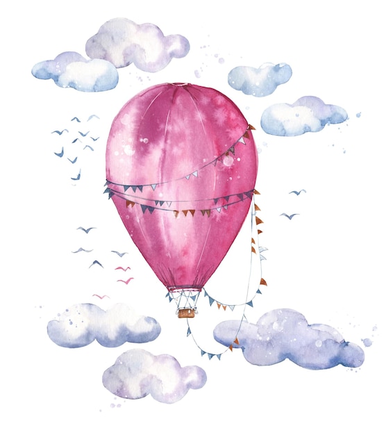 Ballon à Air Chaud Rose Aquarelle Planant Dans Les Airs Parmi Les Nuages