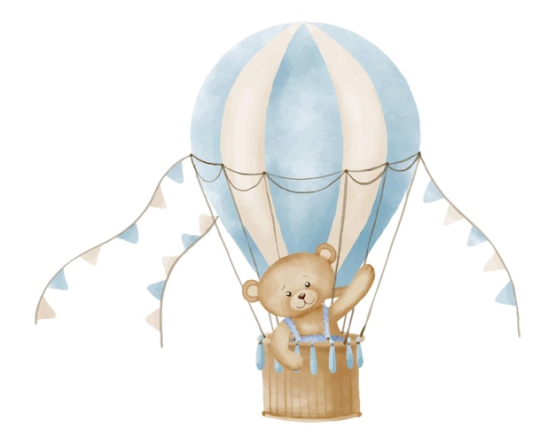 Ballon d'air avec ours en peluche Illustration à l'aquarelle vintage pour cartes de vœux de baby shower ou invitations à des fêtes pour enfants Dessin de vieux avions rétro pour enfants en couleurs bleu pastel