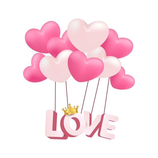 Ballon coeur 3d saint valentin avec couronne et texte d'amour Décoration de ballons coeur rouge ou rose pour carte d'amour de mariage ou conception d'arrière-plan d'invitation Illustration vectorielle