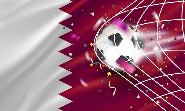 Vecteur le ballon dans le filet de football concept de vecteur de but avec le drapeau du qatar bannière de vecteur 3d avec espace de copie