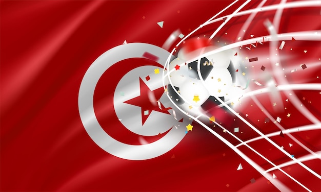 Vecteur le ballon dans le filet de football concept de vecteur de but avec le drapeau de la tunisie bannière de vecteur 3d avec effet de flou