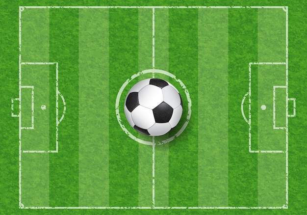 Ballon De Football Réaliste Sur Le Terrain De Football Avec La Texture De L'herbe, Vue De Dessus, Illustration Vectorielle