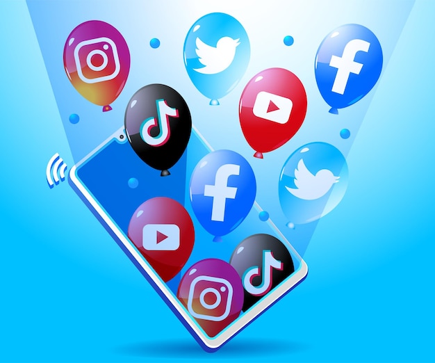 Ballon avec l'icône du logo des médias sociaux sur le smartphone mobile