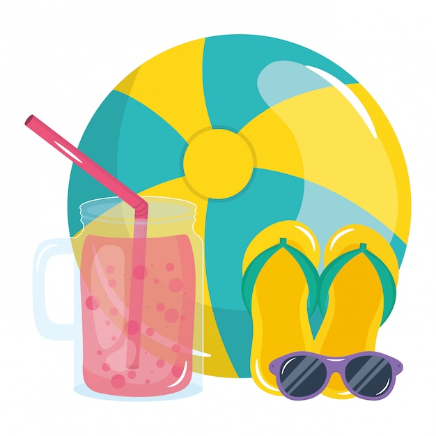 Vecteur ballon de plage avec des lunettes de soleil et jus de fruits