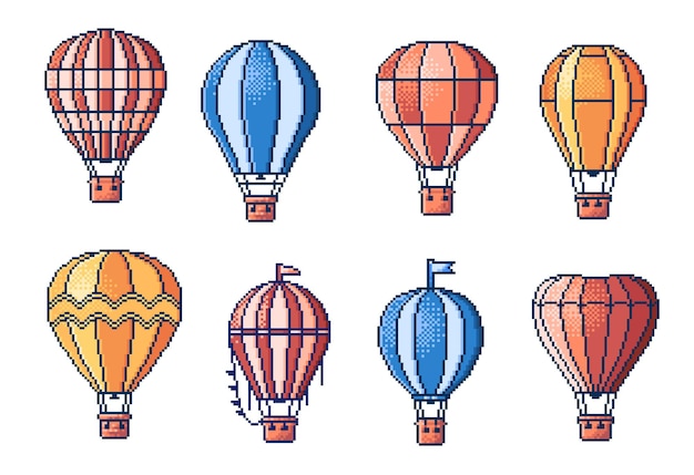 Vecteur des ballons d'air chaud à 8 pixels sont un atout de jeu d'arcade.