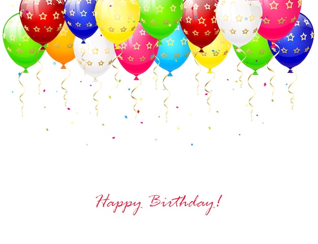 Ballons d'anniversaire avec banderoles et confettis colorés sur une illustration de fond blanc