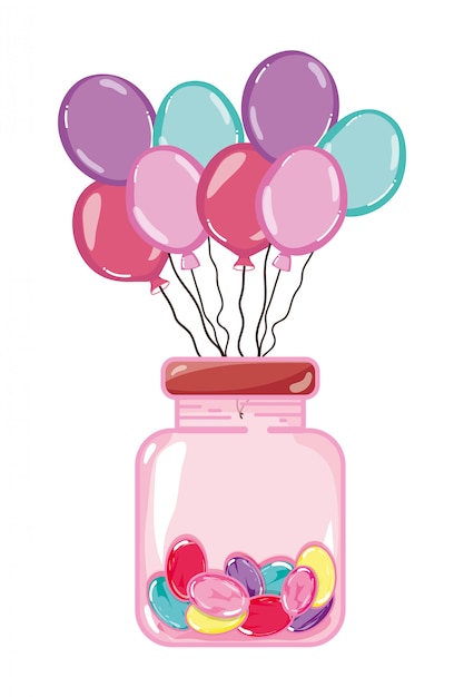 Vecteur ballons et bonbons à l'intérieur d'une bouteille en verre