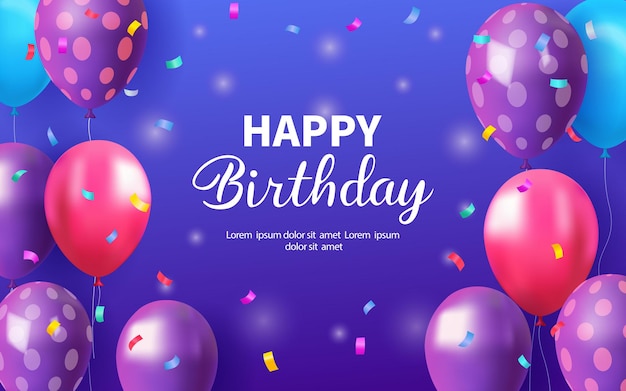 Des ballons et des confettis réalistes et colorés sur un fond bleu avec les mots " Joyeux anniversaire "