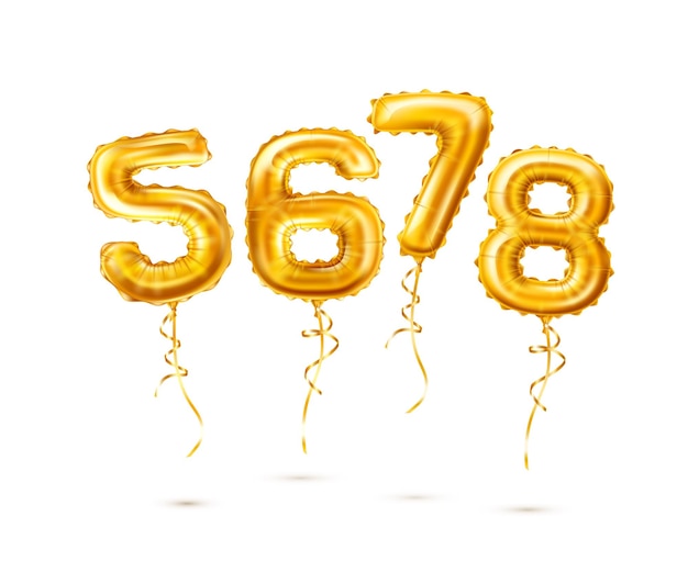 ballons dorés réalistes 5 6 7 8 chiffres avec pompon. Symboles numériques pour la fête d'anniversaire d'anniversaire