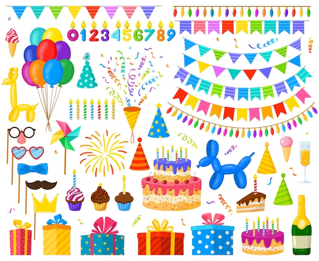 Vecteur ballons, gâteaux et cadeaux de célébration de fête d'anniversaire de dessin animé. décorations de fête de carnaval, bonbons et bougies vector illustration set. éléments de célébration d'anniversaire