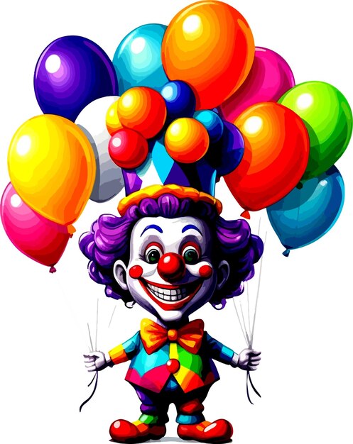 Vecteur des ballons d'hélium colorés et des personnages de dessins animés de clowns colorés