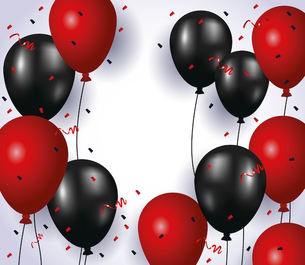 Vecteur ballons hélium couleurs flottantes rouge et noir avec des confettis