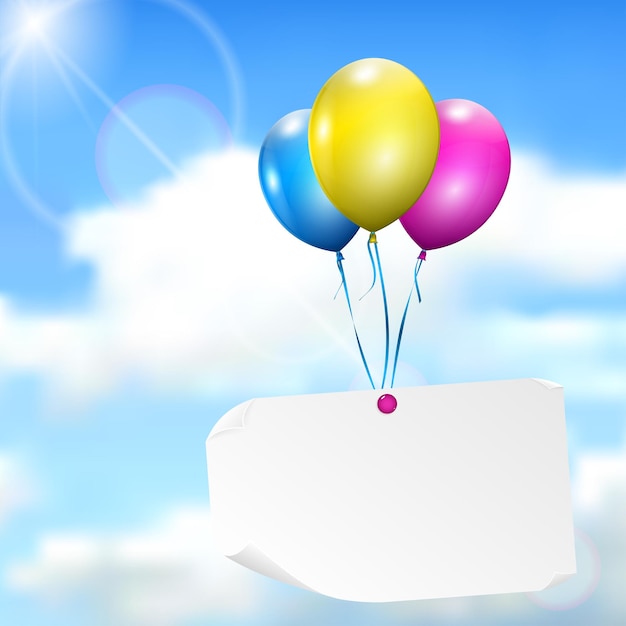 Ballons Multicolores Avec Carte Papier Sur Fond De Ciel Avec Soleil Et Nuages