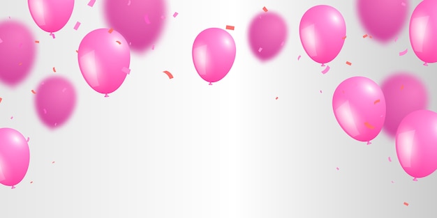 Ballons roses avec des confettis sur fond gris pour carte de voeux d'anniversaire