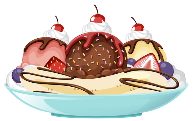 Vecteur banana split ice cream sundae sur fond blanc