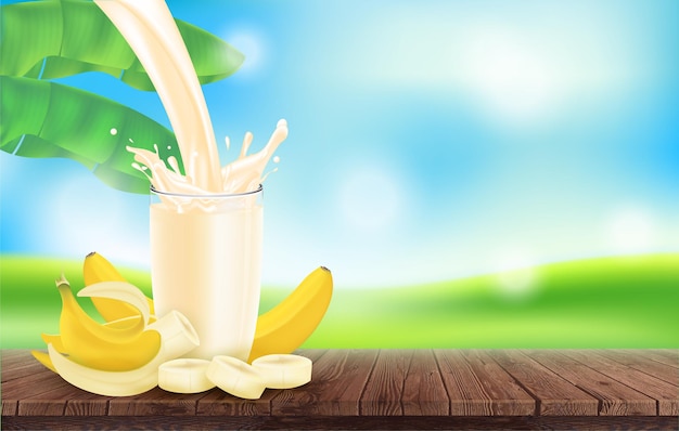 Banane avec éclaboussures de lait saveur fruits savoureux et yaourt
