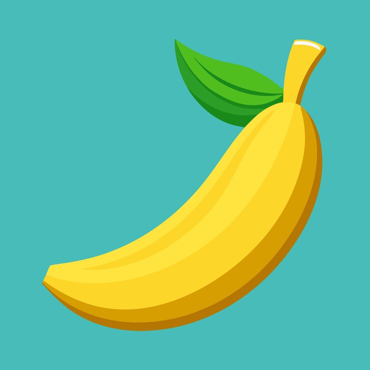 Vecteur une banane avec une feuille verte est représentée sur un fond bleu