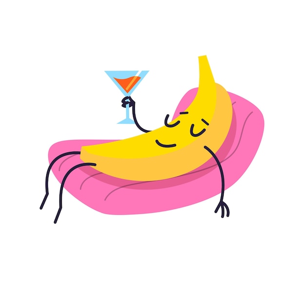 Banane Sur Matelas De Bain Rose Avec Illustration Cocktail à La Main