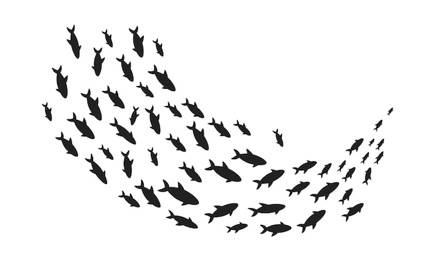 Banc de poissons de silhouettes avec la vie marine de poissons nageurs de différentes tailles