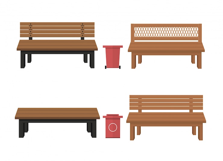 Vecteur bancs extérieurs en bois avec poubelle bancs extérieurs en bois. pouvez.