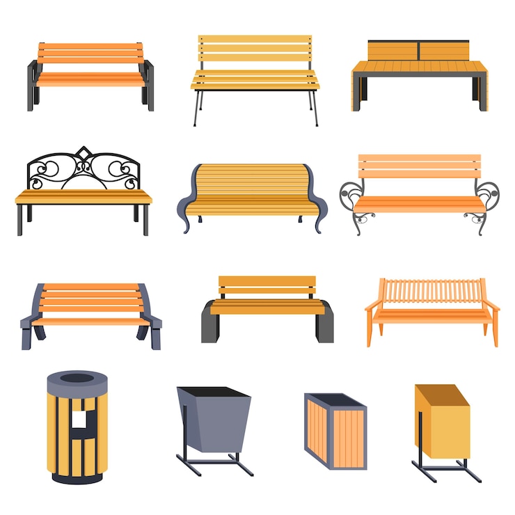 Vecteur bancs réalistes et poubelle pour l'extérieur