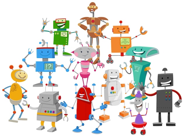 Vecteur bande dessinée illustration de drôles de robots ou de droïdes groupe de personnages fantastiques