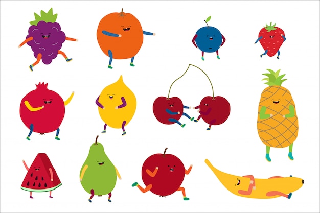 Vecteur bande dessinée illustration de fruits mignons, personnage de nourriture saine kawaii drôle heureux avec sourire, fruits sucrés mis des icônes sur blanc