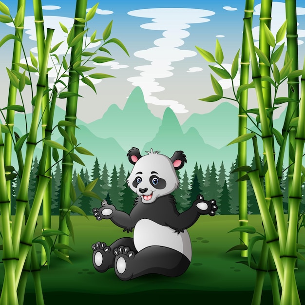 Vecteur bande dessinée illustration de gros panda assis dans un champ vert