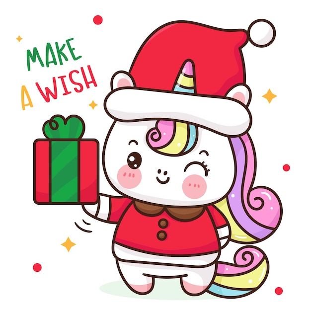 Vecteur bande dessinée mignonne de licorne porte un bonnet de noel avec un animal kawaii de cadeau de noël