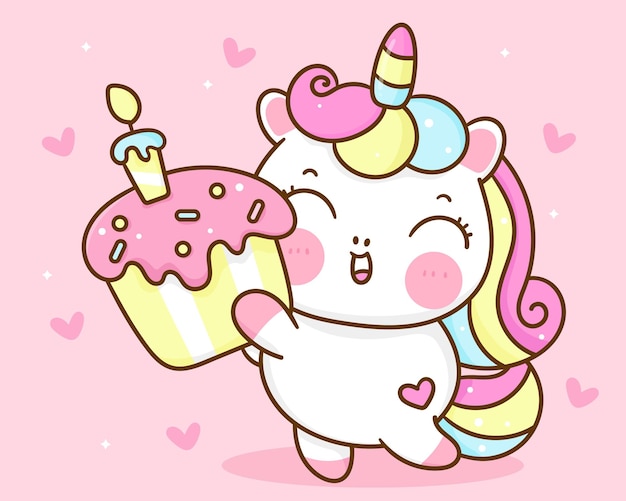 Vecteur bande dessinée mignonne de licorne tenant l'animal de kawaii de petit gâteau d'anniversaire