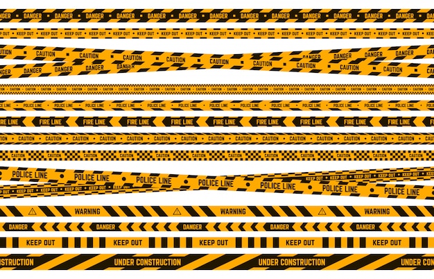 Bande De Police De Danger. Attention Ruban Jaune Et Noir, Ligne Rayée De Périmètre Criminel, Ensemble D'illustration De Bordures D'avertissement D'attention. Bande De Sécurité, Zone Frontalière Criminelle, Ruban Interdit