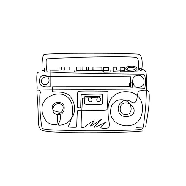 Bande de radio ou boîte de boom à dessin d'une seule ligne emblème de musique en noir et blanc vecteur d'enregistreur de bande