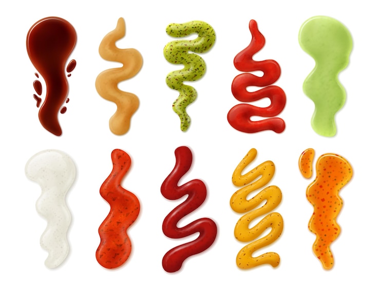 Vecteur bandes de sauces réalistes. ketchup de tomate, mayonnaise, moutarde, fromage et taches de sauce épicée au wasabi, éclaboussures et tache 3d ensemble de vecteurs isolés. illustration sauce mayonnaise et moutarde, ketchup épicé